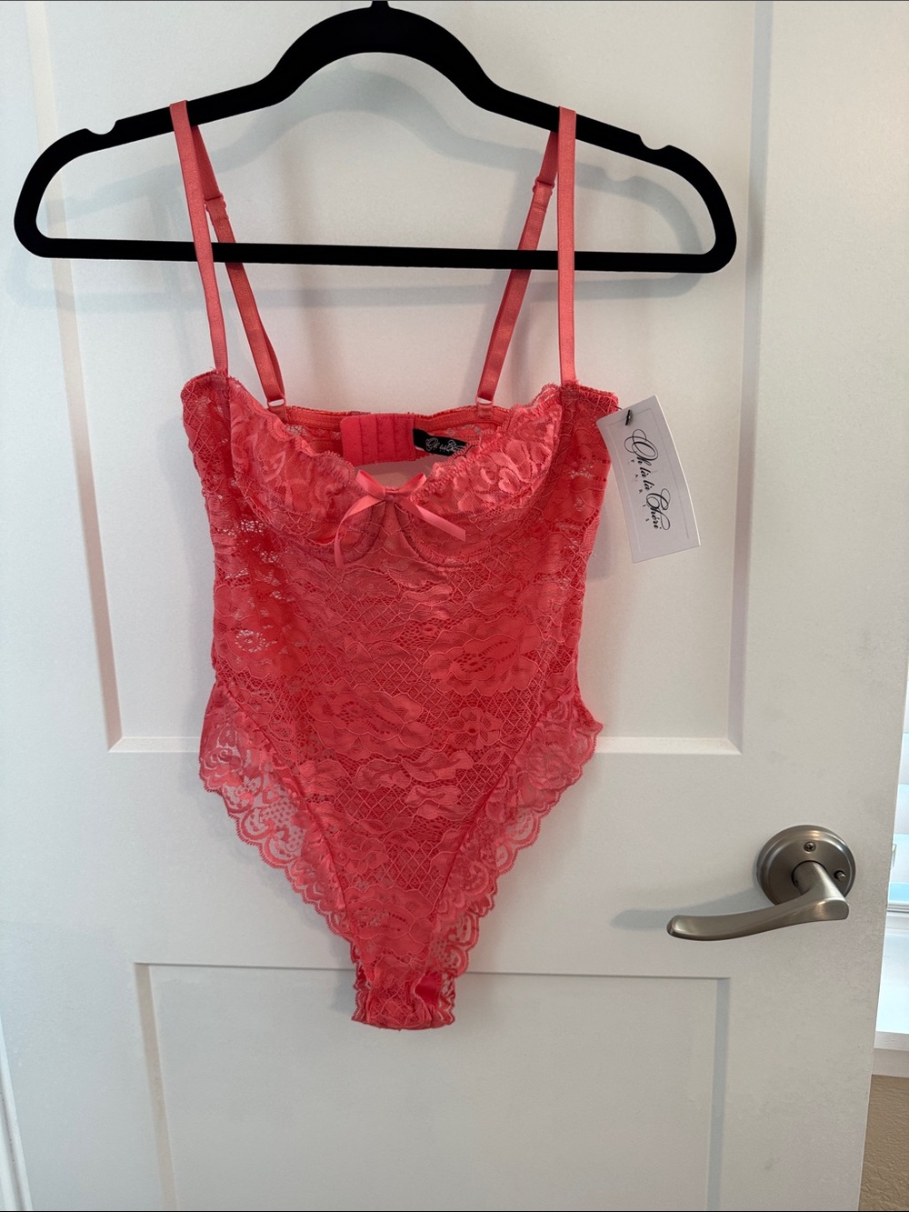 Coral Floral Lace Bodysuit Teddy‎ Bow Accent Intimate Apparel Lingerie One Piece